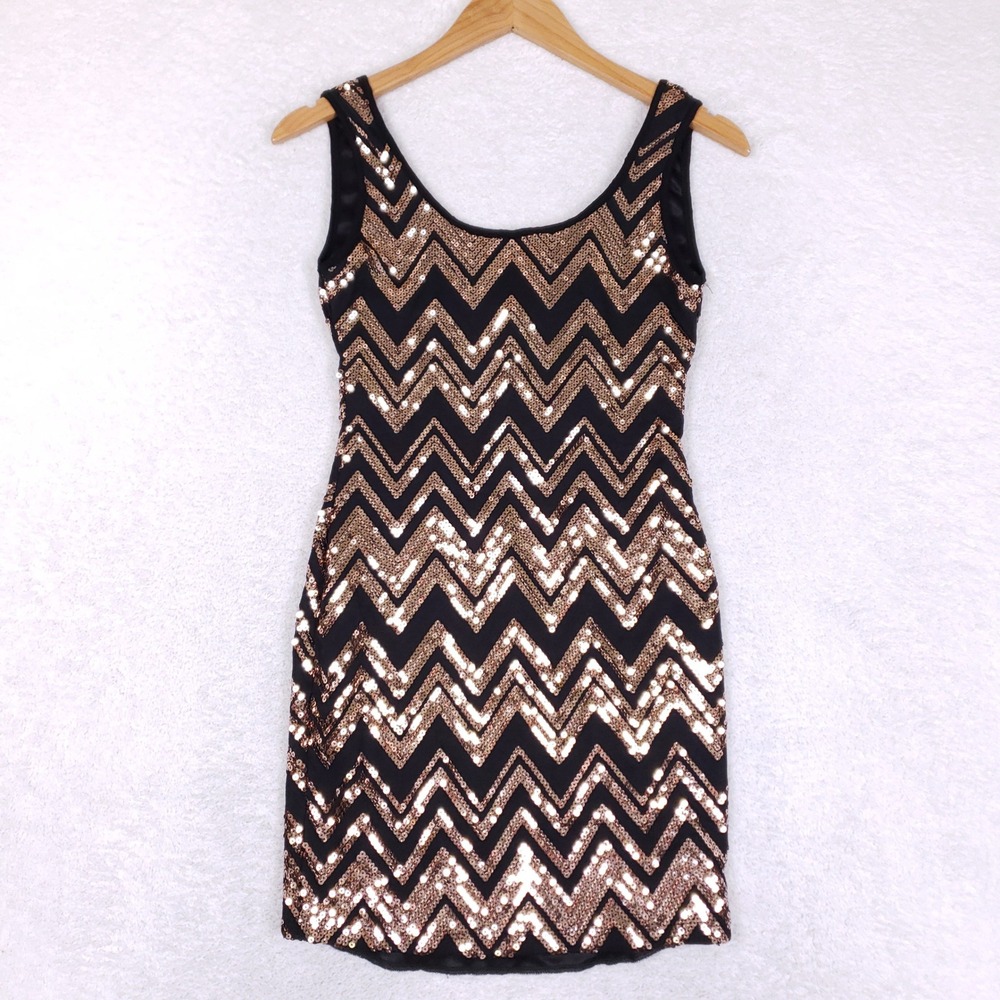 3 Route Sequin Dress Womens Small Chevron Bodycon Mini Rose Gold Party Sparkly